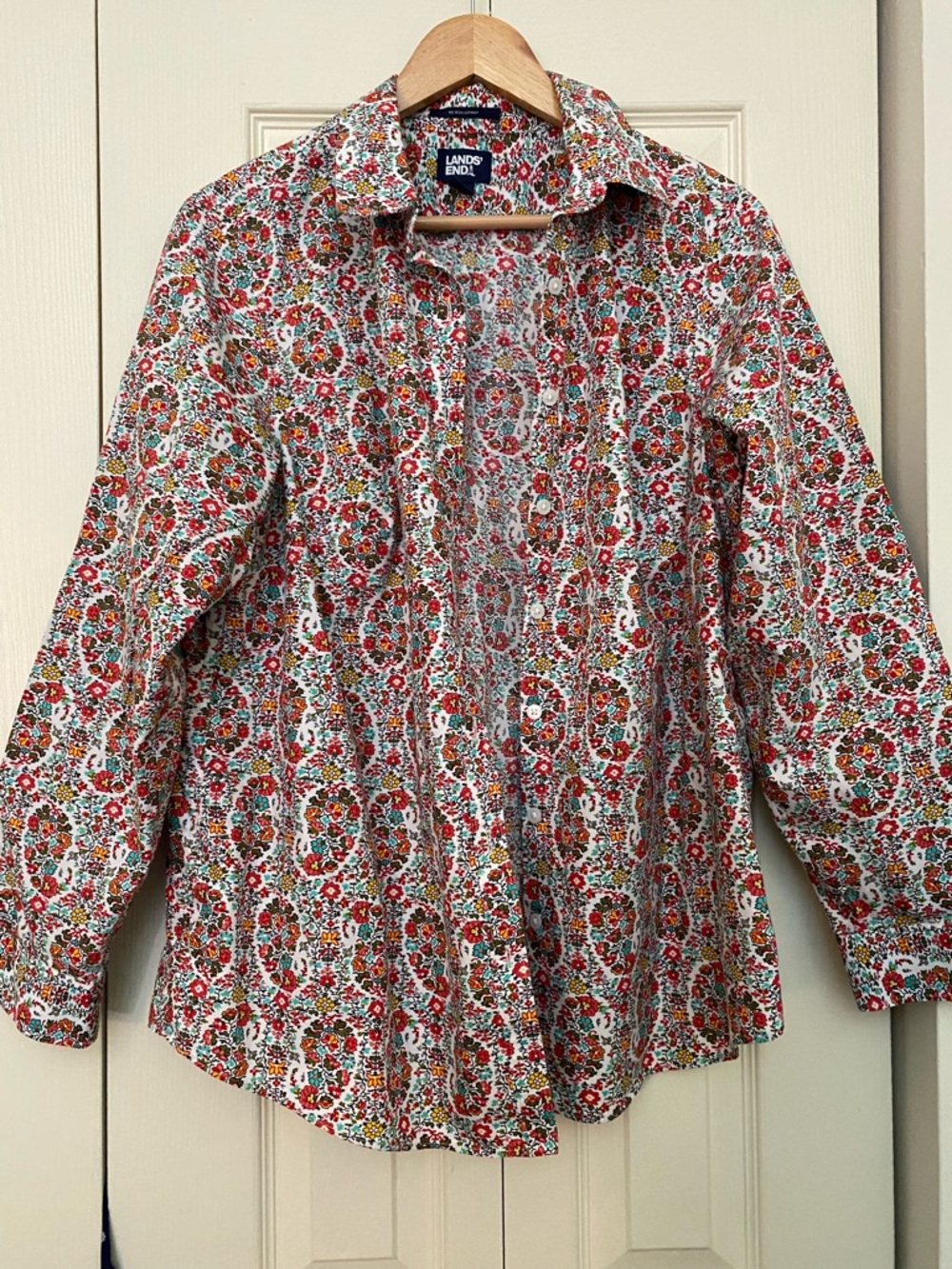 Lands' End Floral Button-Front Shirt in Red, Green & Gold